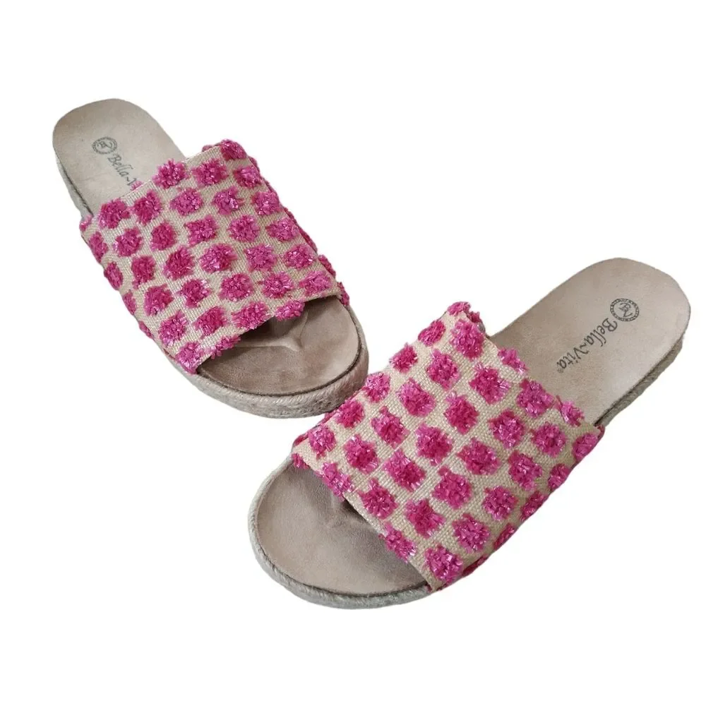 New Bella Vita Woman's Raffia Flatform Espadrilles Pink Poms Size 8 Wide Wide